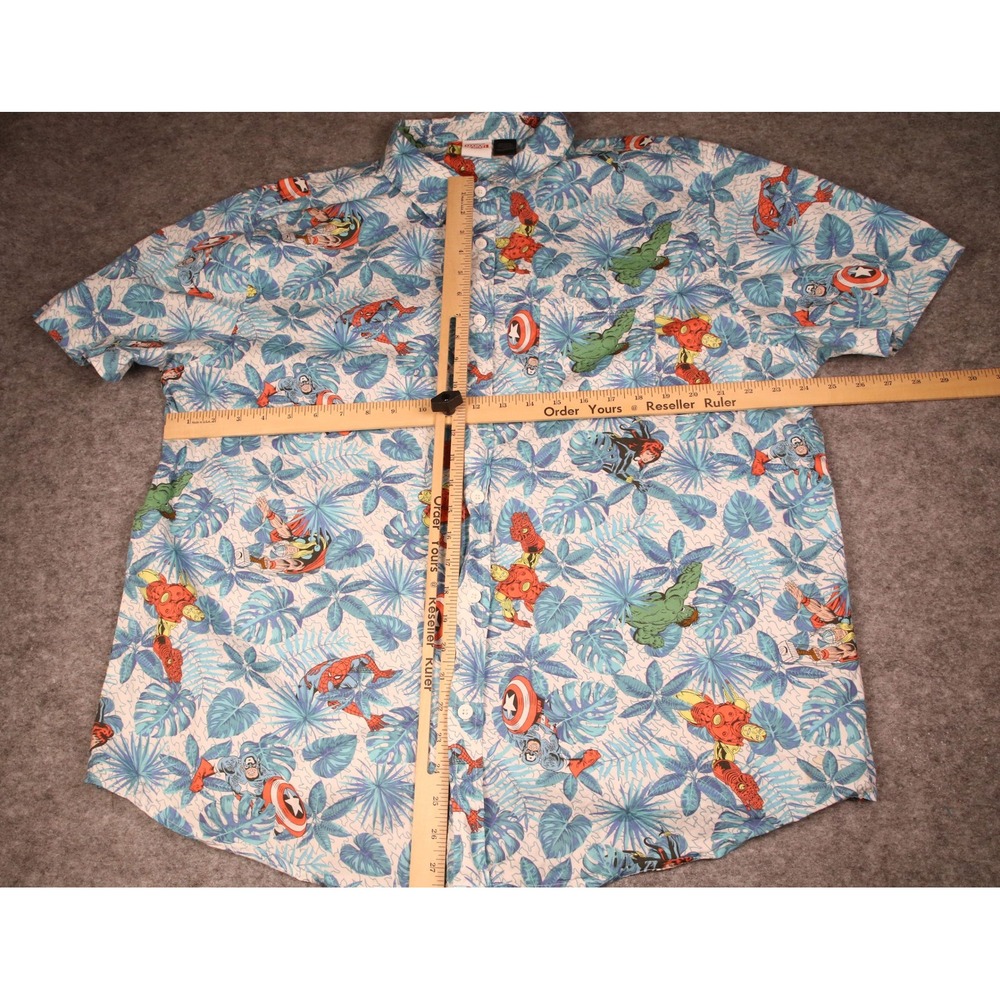 Marvel Mad Engine Mens 2XL Avengers Tropical Hawaiian Button Up Shirt Blue - Picture 4 of 6